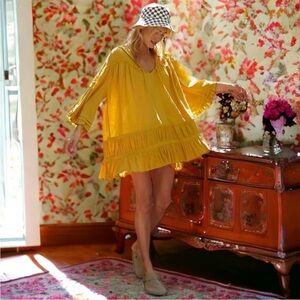 Free People Tunic Mini Dress Womens Medium Yellow Soak up The Sun Hooded Linen